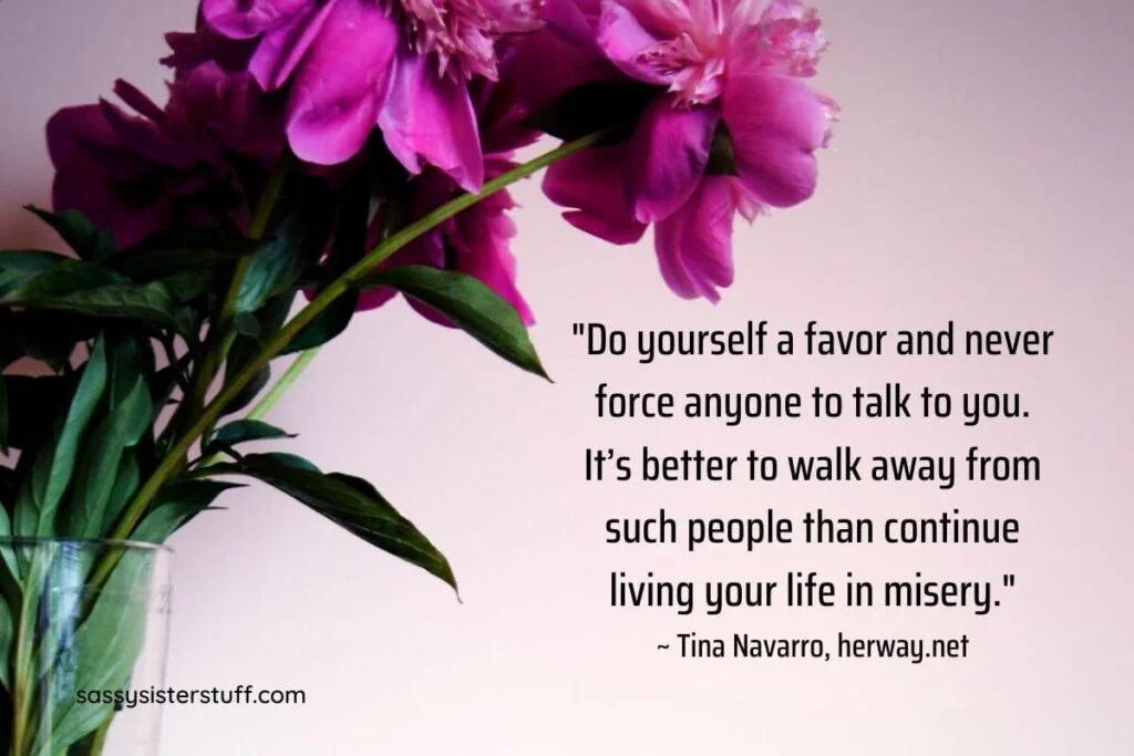 a vase of purple flowers against a pinkish background and a quote regarding never force anyone to talk to you