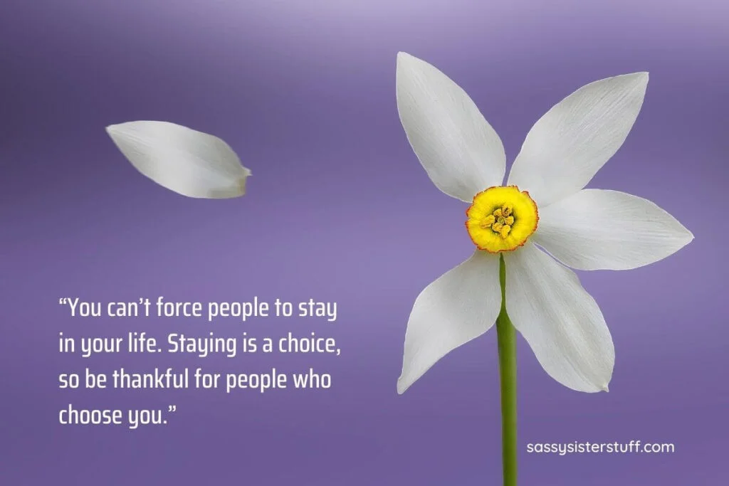 a purple background with a white flower that has five petals and one petal flying away with a quote about not letting people to stay in your life