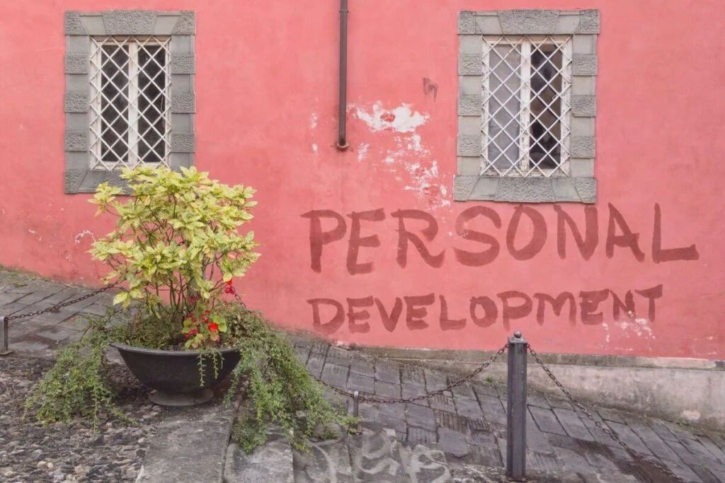 an old building that looks run down and looks like it needs some work has personal development written in paint on the side of it to symbolically show that it needs some improvement