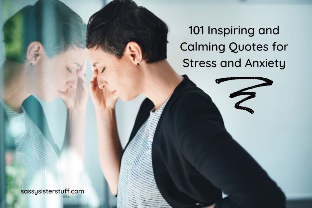a stressed woman stands in front of a window creating her reflection with her right hand over part of her face and her left hand on her hip suggesting she needs calming quotes for stress and anxiety