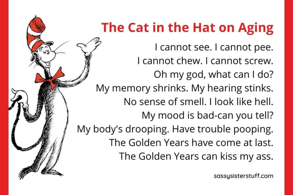 the cat in the hat on aging poem on a white background with the cat standing on the left side of the iamge