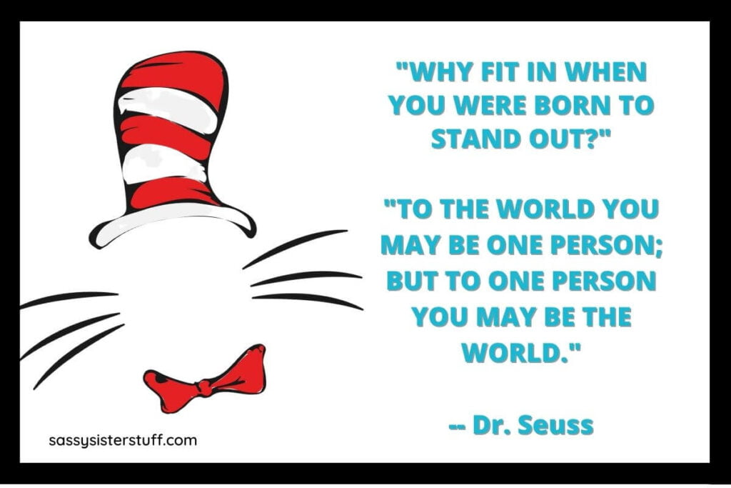 a white, black, red, and blue graphic with an image of the cat in the hat and two quotes from cat in the hat poems