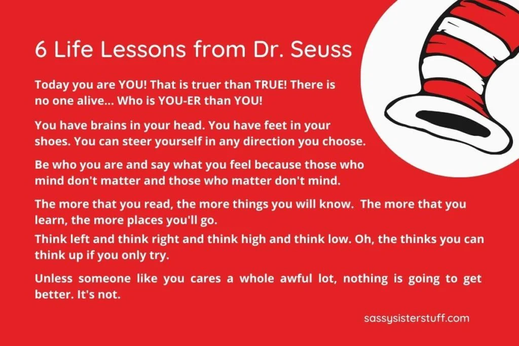 a red and white graphic with 6 life lessons from cat in the hat poems and a red and white striped hat in the top right corner