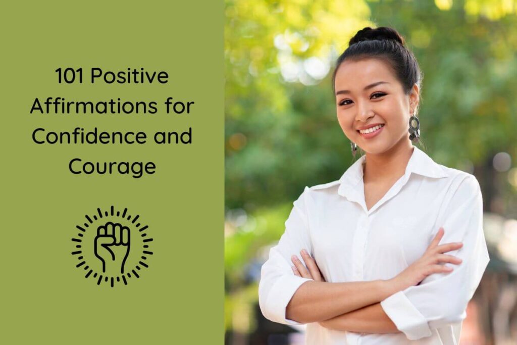 a beautiful Asian woman poses confidently in a park after reciting her affirmations for confidence and courage