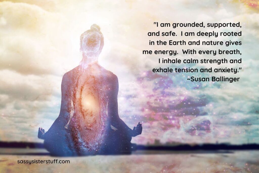 a silouette of a woman in the lotus yoga pose plus a selection of grounding affirmations