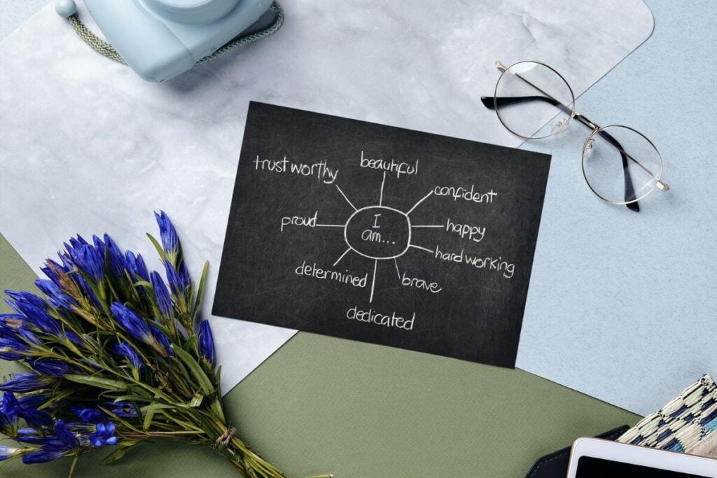 top view of a card that shows a web of important words related to prioritize yourself quotes
