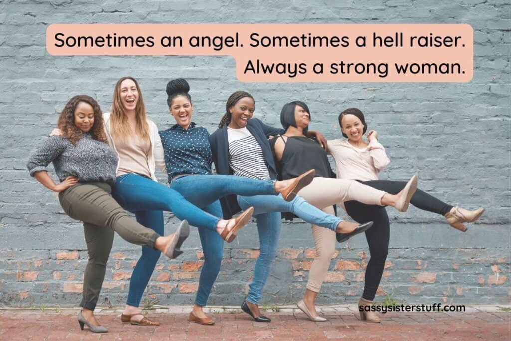 six hard working women of all ages and ethnicities stand arm in arm and do a leg kick to celebrate their successes