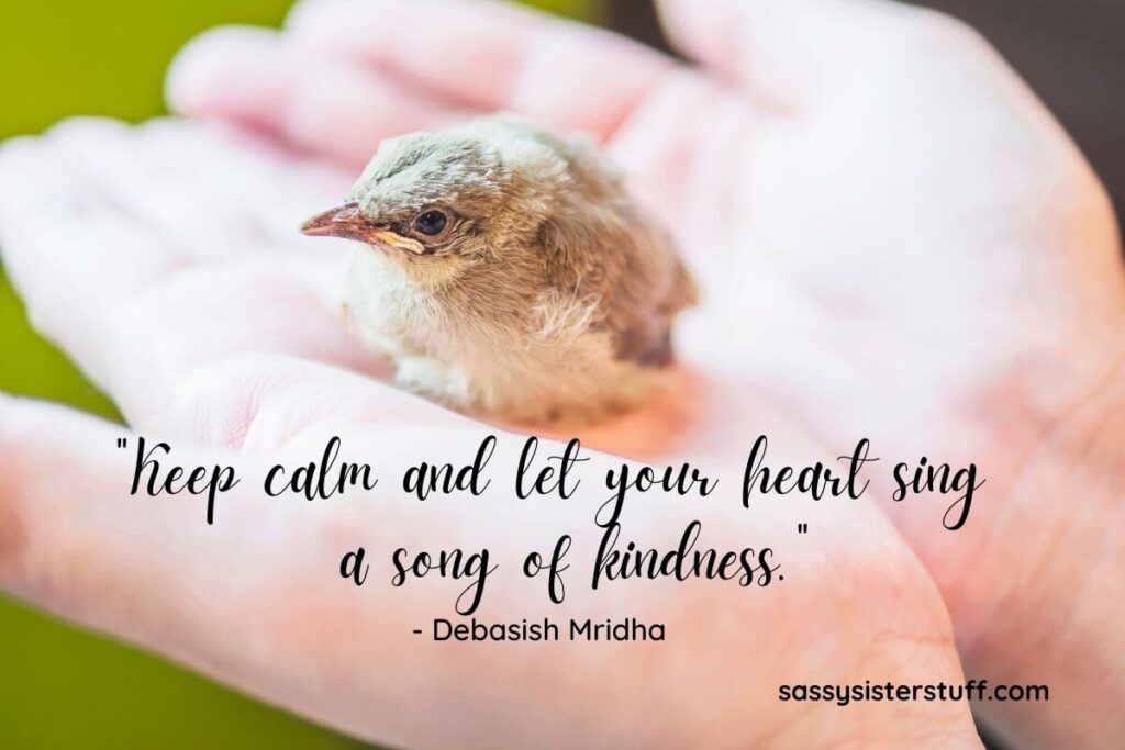 a baby bird sits calmly in someone's hands and a quote that says keep calm and let you heart sing a song of kindness
