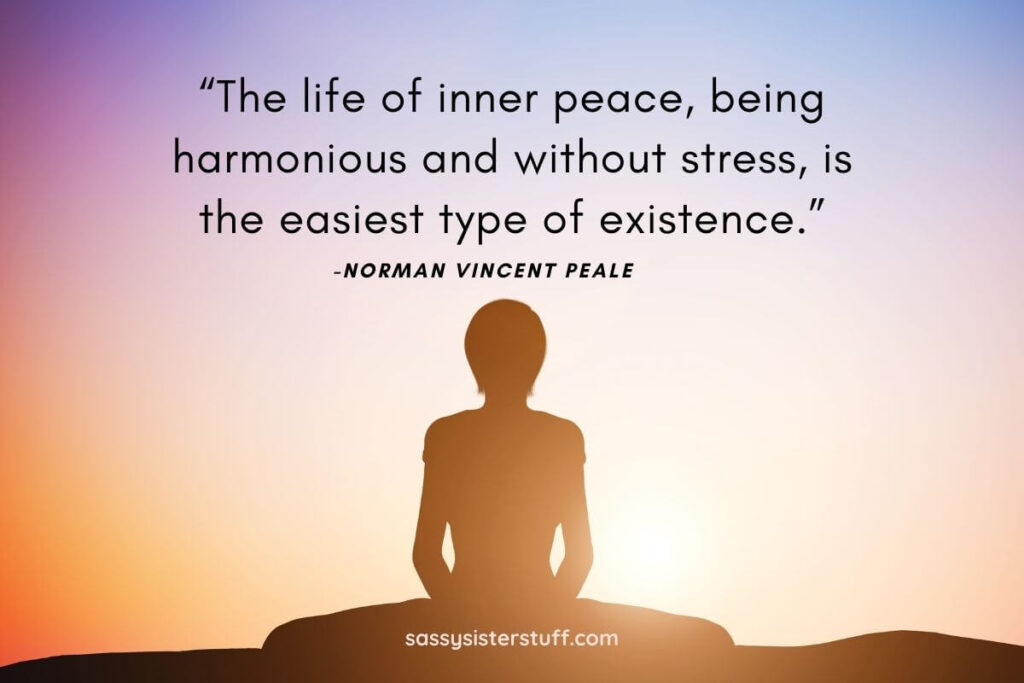 a woman sits in a yoga position at sunset and a quote about inner peace