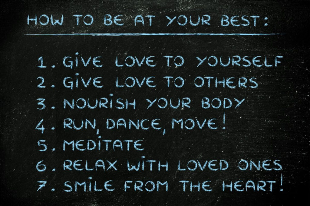 7 tips for self love are written on a chalkboard