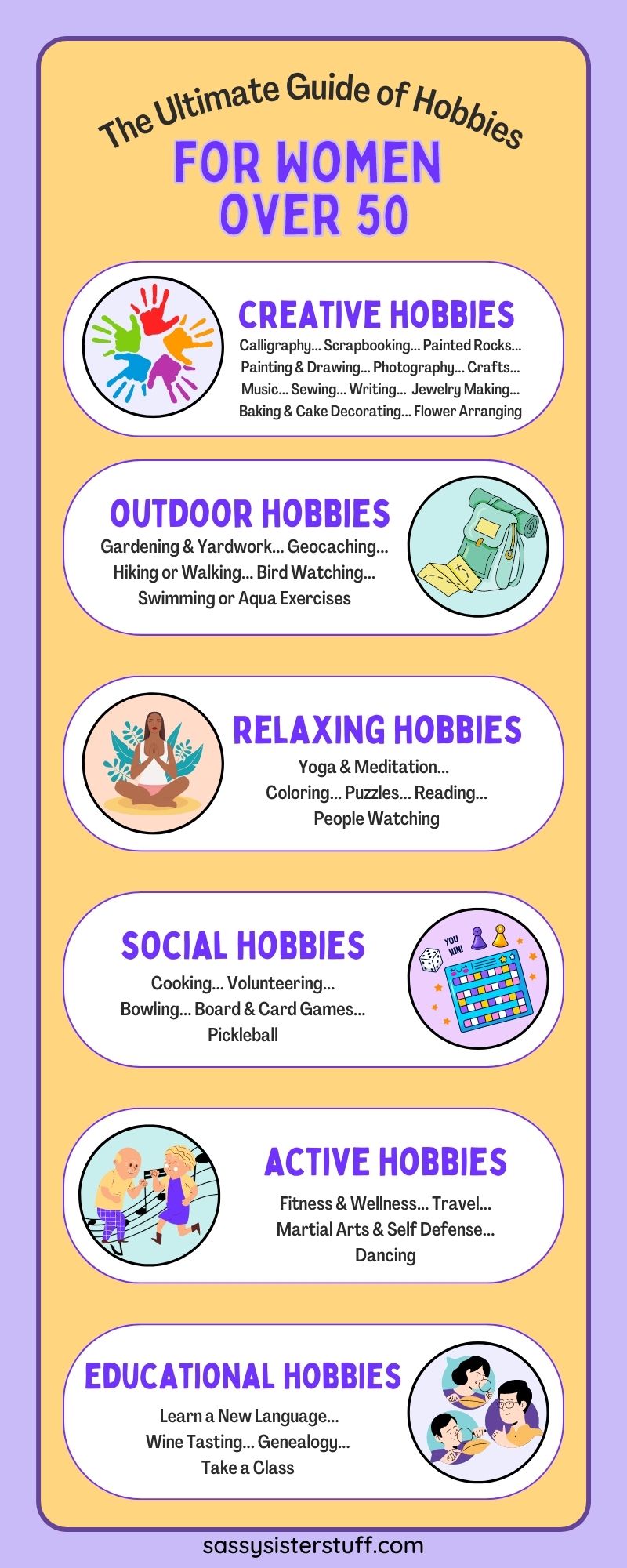 infographic with 44 hobbies for women over 50 sorted into 6 different categories