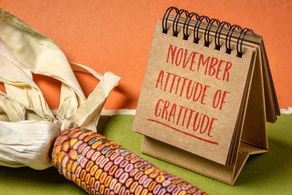 a flip calendar that says November Attitude of Gratitude sits next to a piece of dried corn