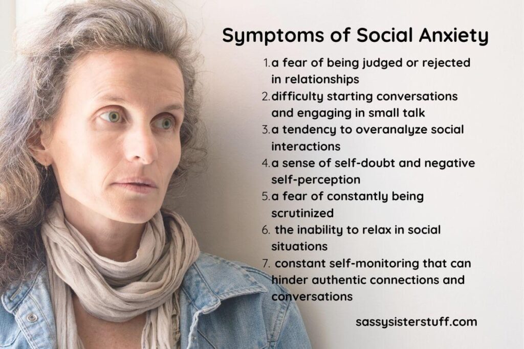 close up of middle aged woman who looks sad with a list of 7 symptoms of social anxiety