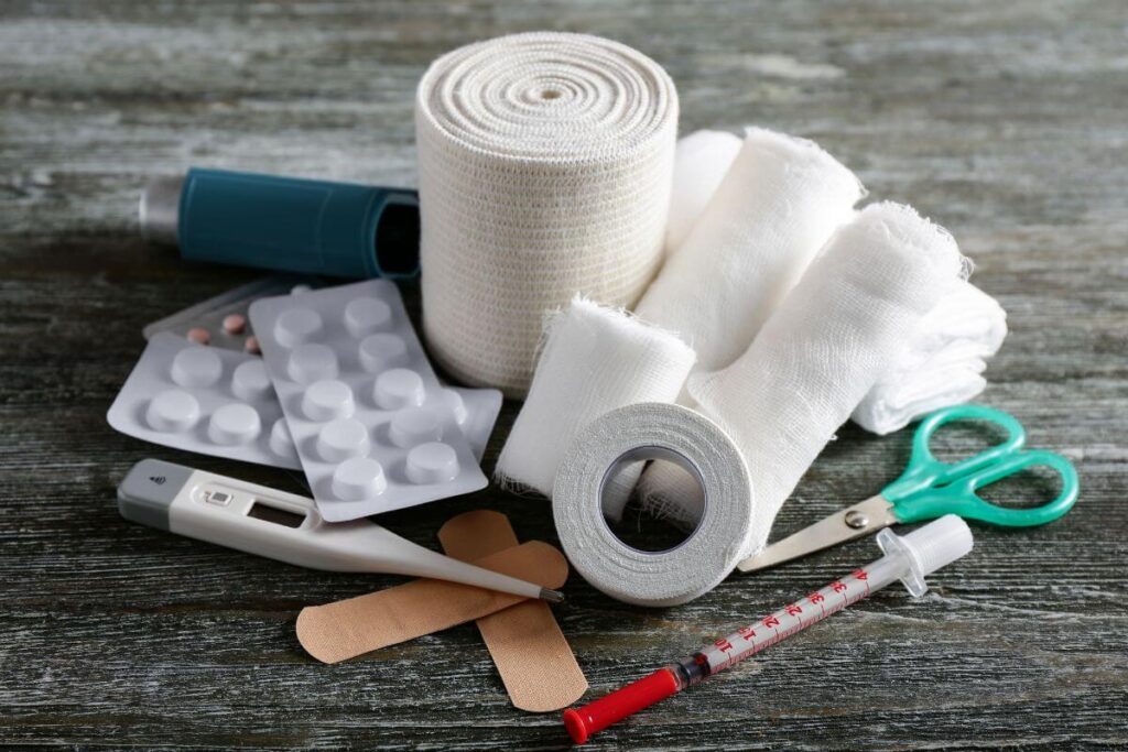 top view of first aid supplies sitting on a table