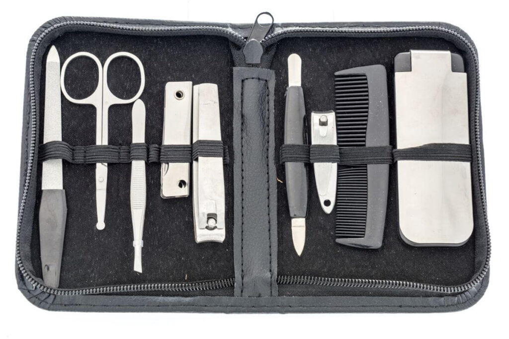 a top view of an open nail kit, one of many senior care items to improve hygiene and quality of life