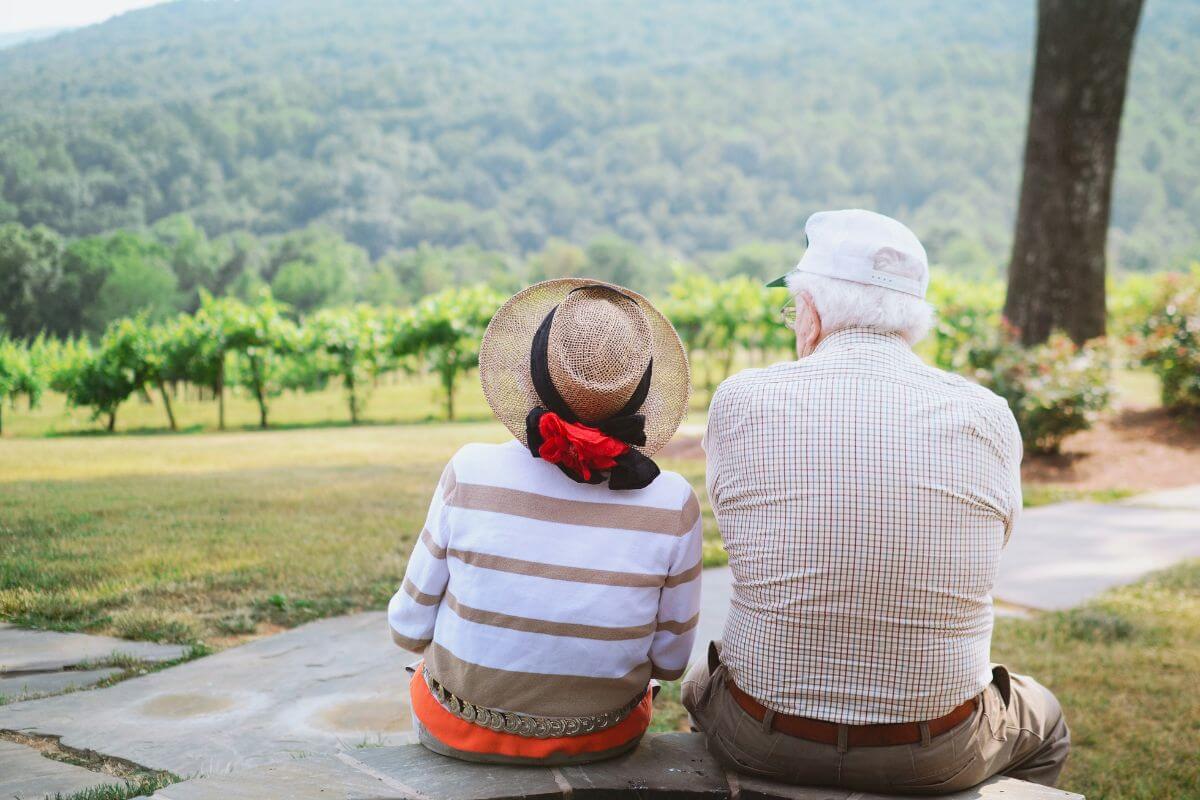 rear view of elderly couple sitting on a bench looking out over a mountain