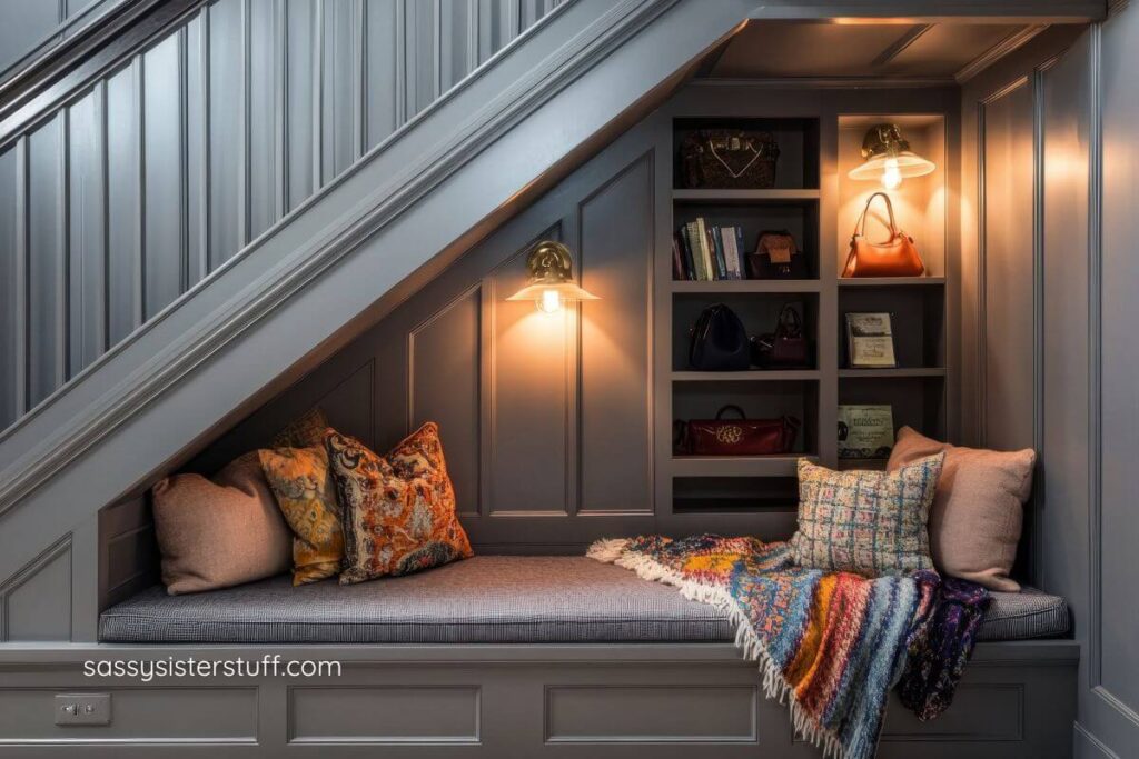 beautifully crafted book nook with pillows, blanket, two lights, bookshelves, and accessories under a staircase.