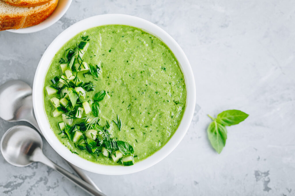 Cucumber Gazpacho. Green fresh cold summer soup. Top view