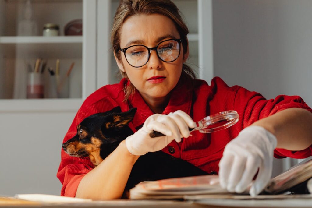 Woman Looking at Old Pictures Through a Magnifying Glass