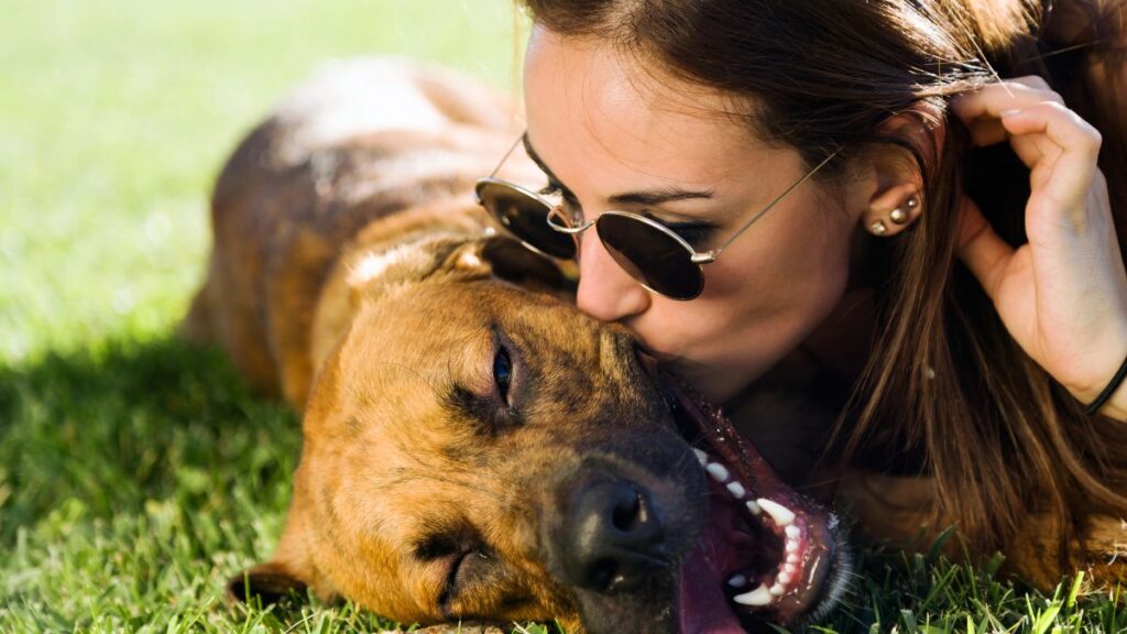 happy woman kissing dog on grass