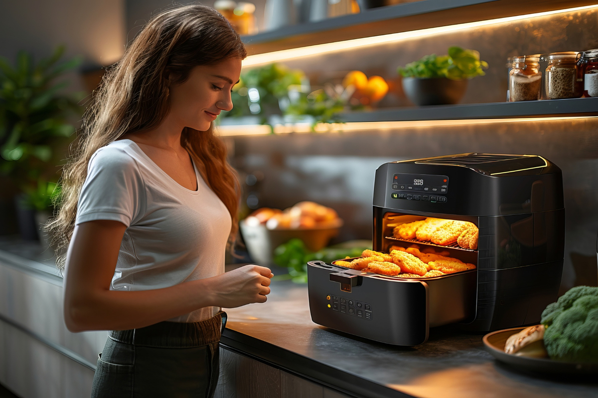 View of modern air fryer with food