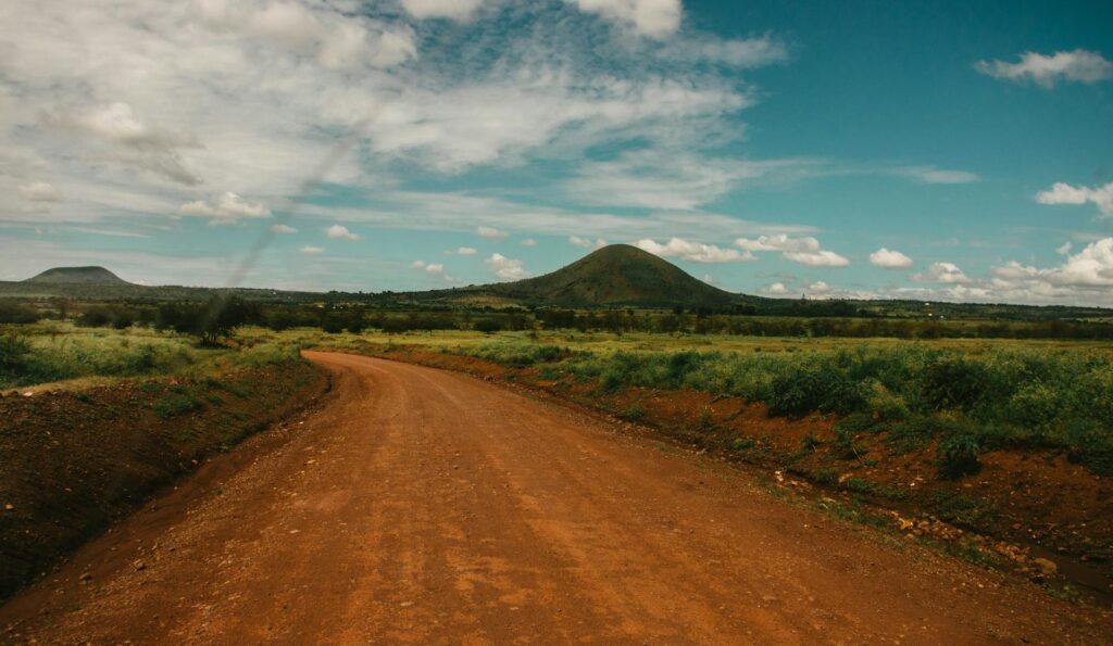 Explore the serene beauty of a rural dirt road winding through the lush Tanzanian countryside under a bright sky.