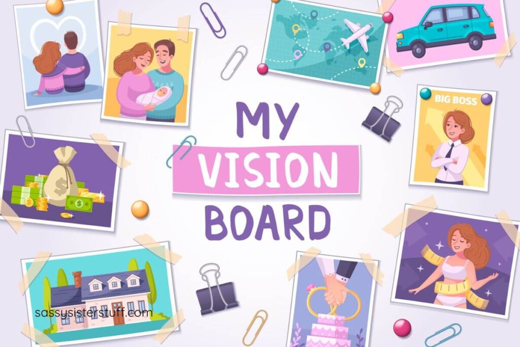 a cartoon vision board shows how to create a self-care vision board.