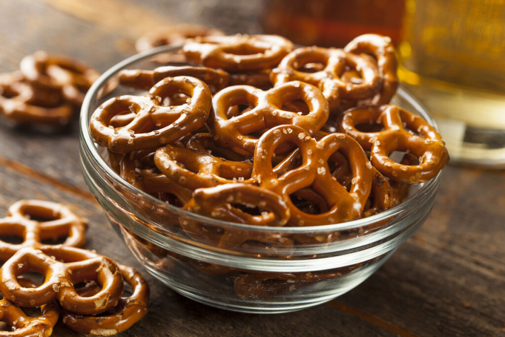 Organic Brown Mini Pretzels with Salt and a Beer