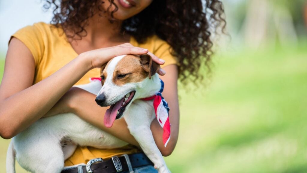 woman holding happy dog