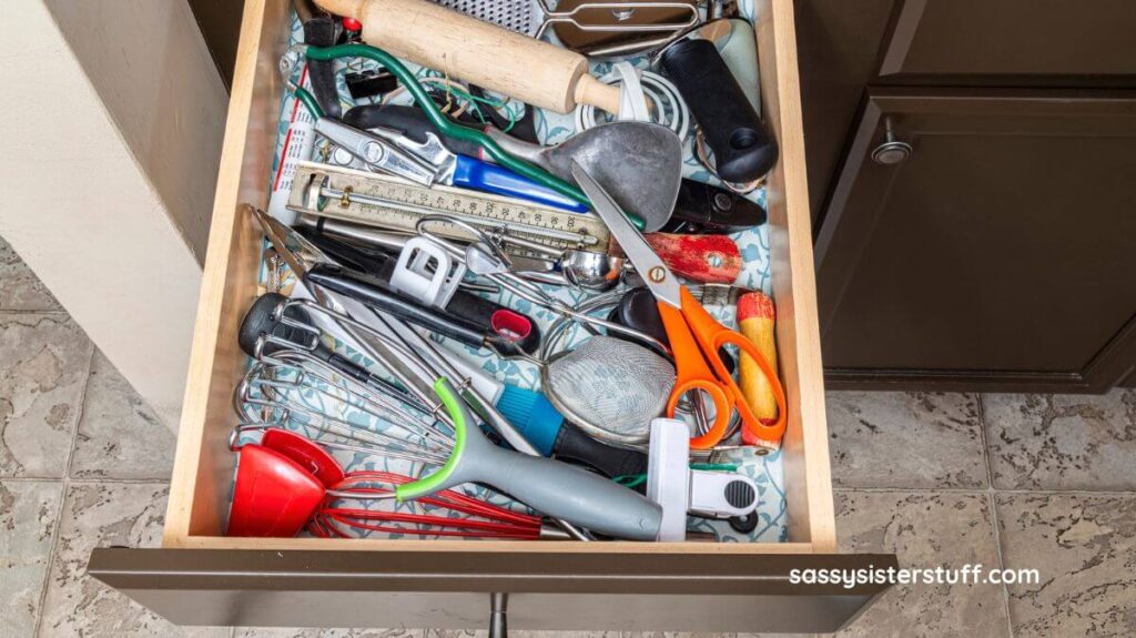 top view of a junk drawer in the kitchen that needs to be organized.