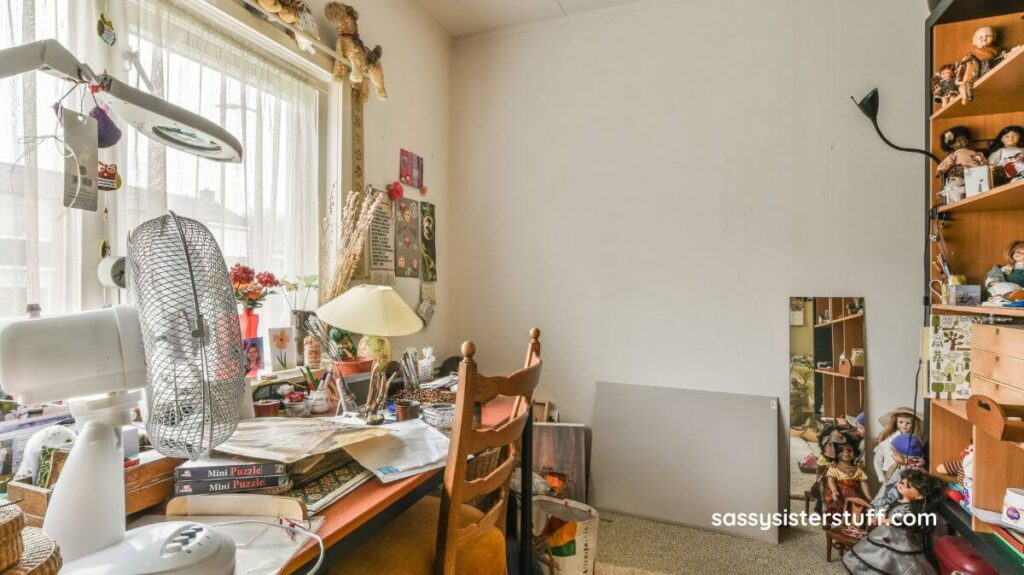 very cluttered office space that needs to be decluttered and organized.