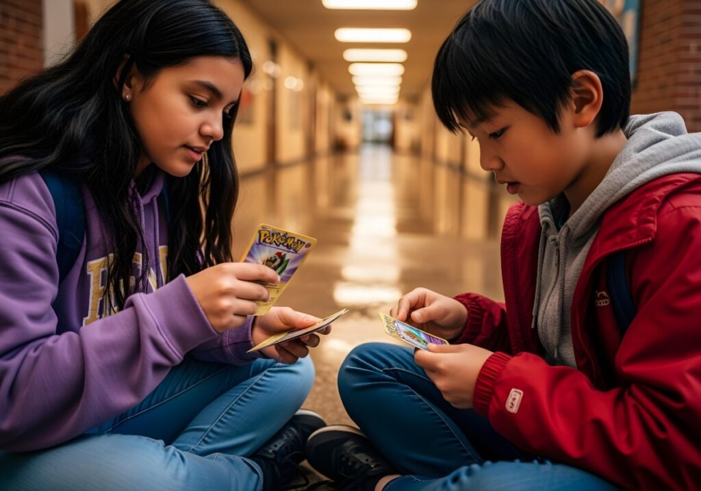 Trading Pokémon cards at school