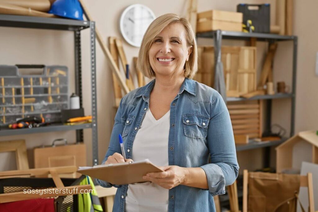 middle aged woman takes notes on a clipboard to prepare for responsible homeownership.
