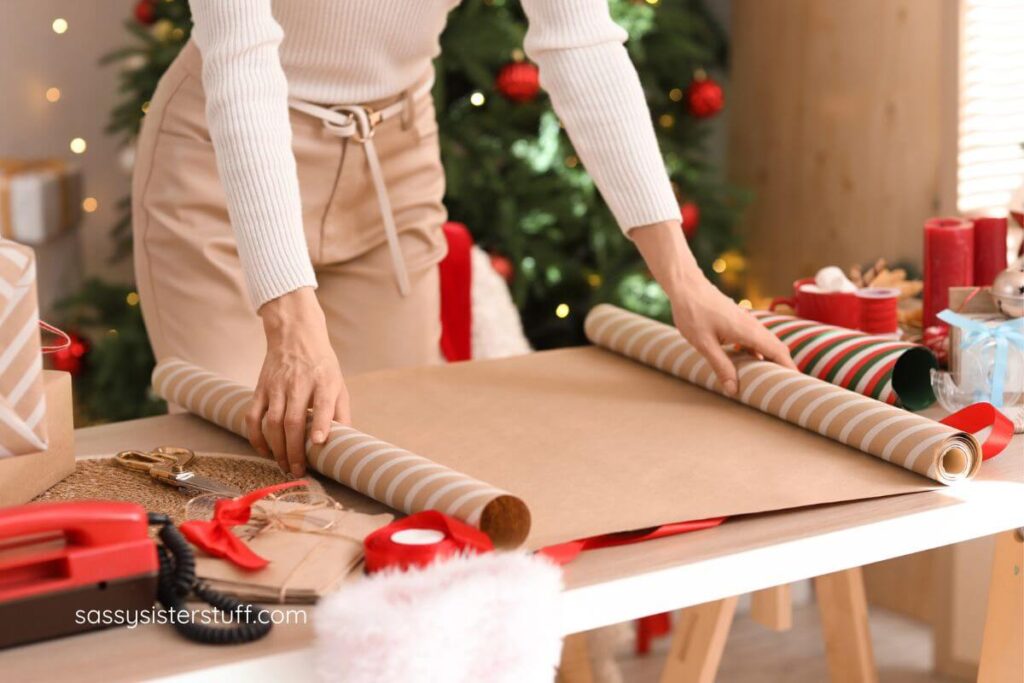 woman wrapping Christmas gifts.
