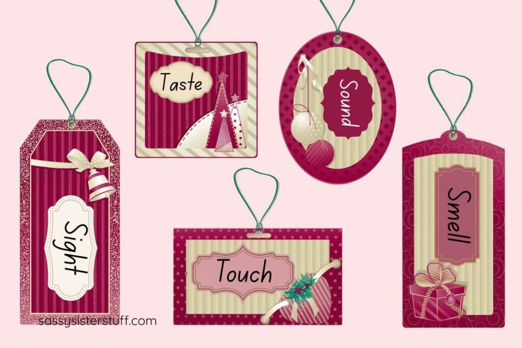 five senses gift labels for sight, sound, smell, touch, and taste.