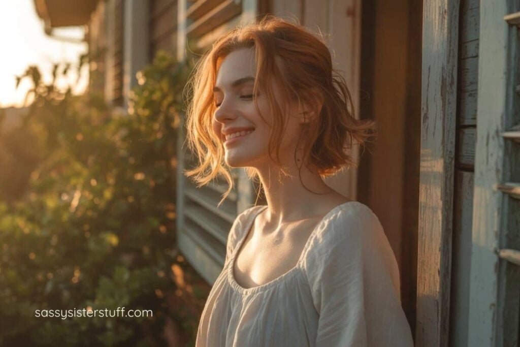 beautiful woman standing outside her cottage with the morning sun shining on her face helping her not to overthink.