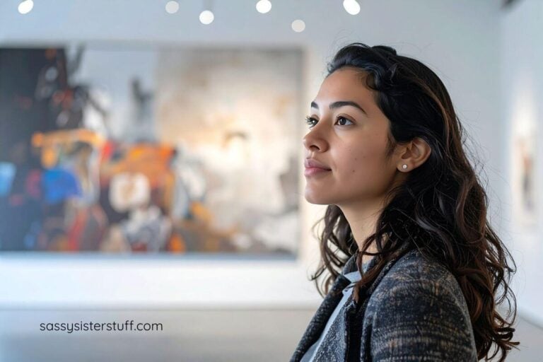 beautiful lady standing in an art gallery reflecting on the pieces of art on display.