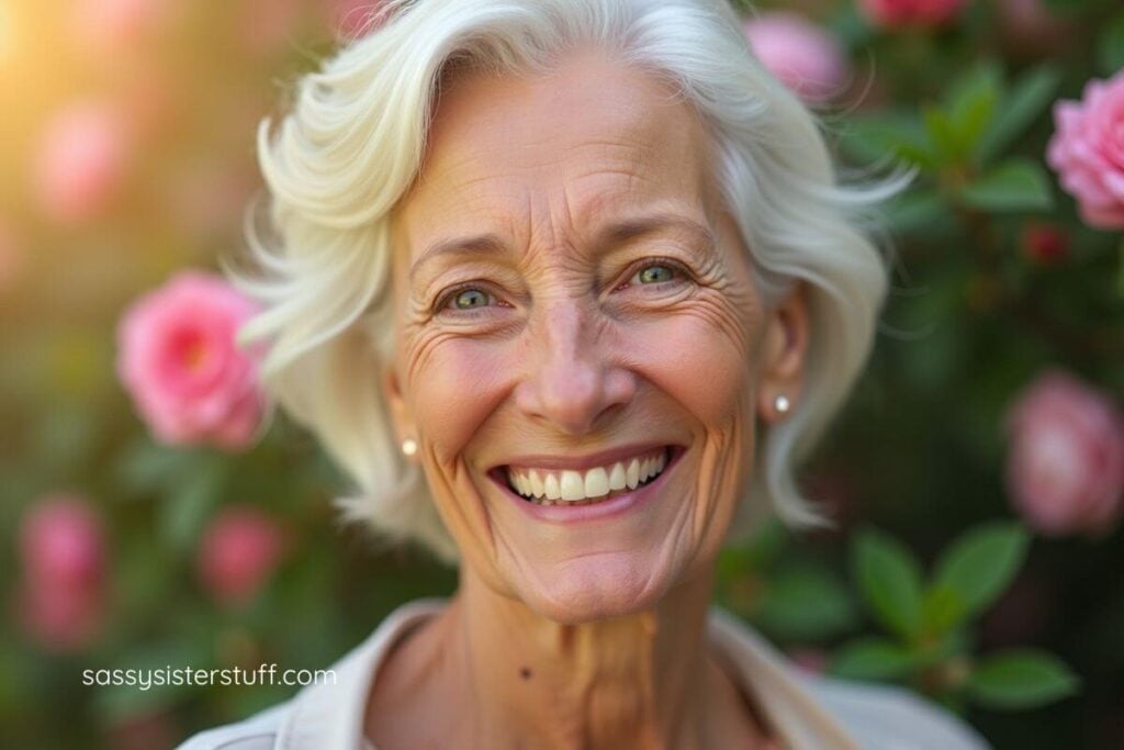 gray haired senior woman standing in front a pink rose bush and smiles real big at the camera.