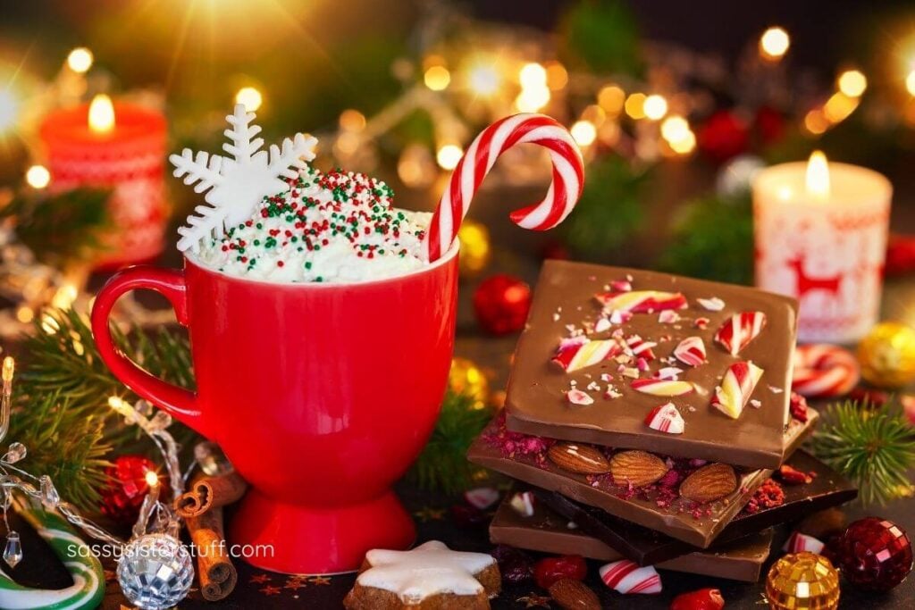 beautiful holiday closeup of hot cocoa and chocolate.