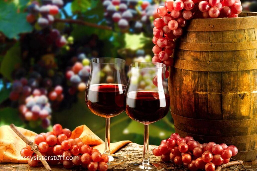 two glasses of red wine surrounded by grapes.