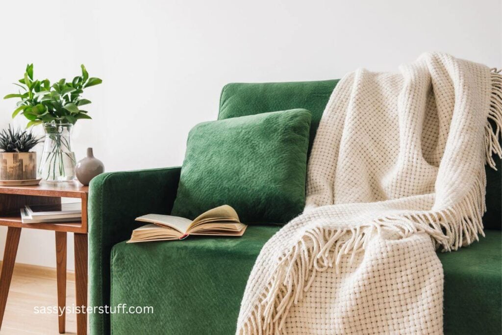 cozy blanket laying on a green sofa.