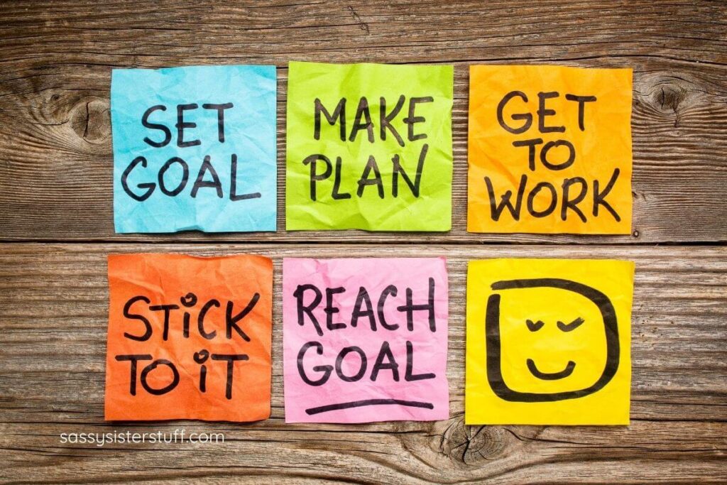 six sticky notes with captions to help you reach your 2025 goals.
