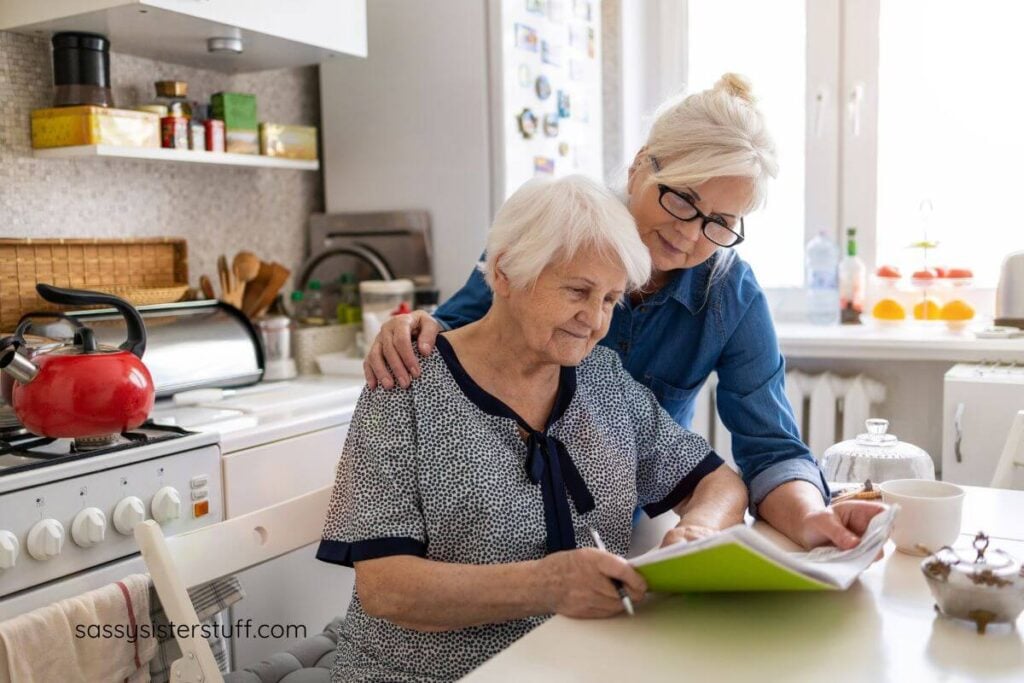 elderly woman and her adult daughter discuss planning for future medical and legal care.