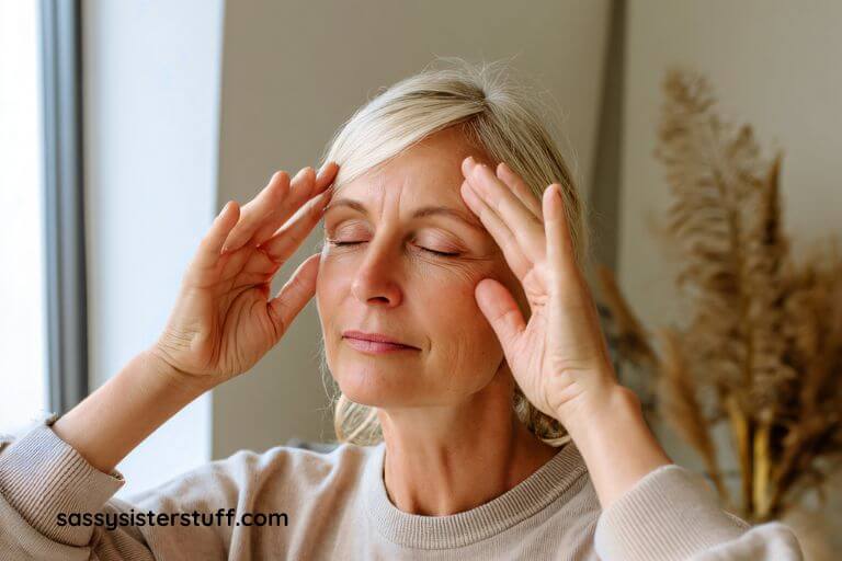 middle aged woman holds her hands to her temples with her eyes closed to meditate.