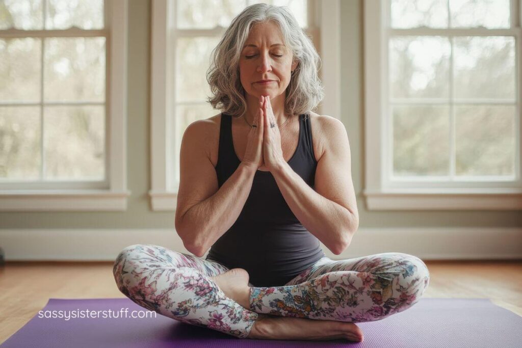 gray haired middle aged woman does a yoga pose to help calm her mind and stay present.