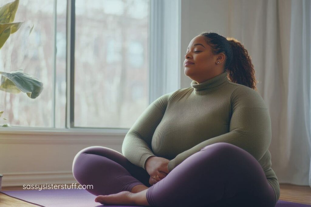 African American plus size female does yoga to find calm, presence, and focus.