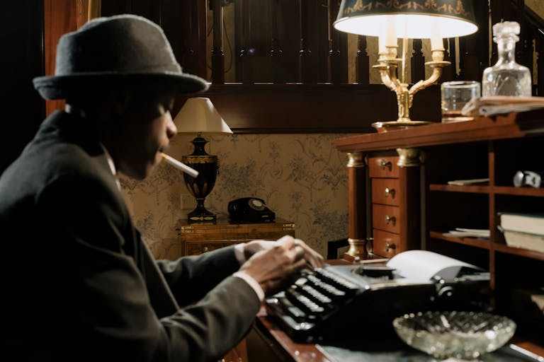 Moody noir scene of a detective typing at a vintage typewriter. Classic 1950s mystery style.