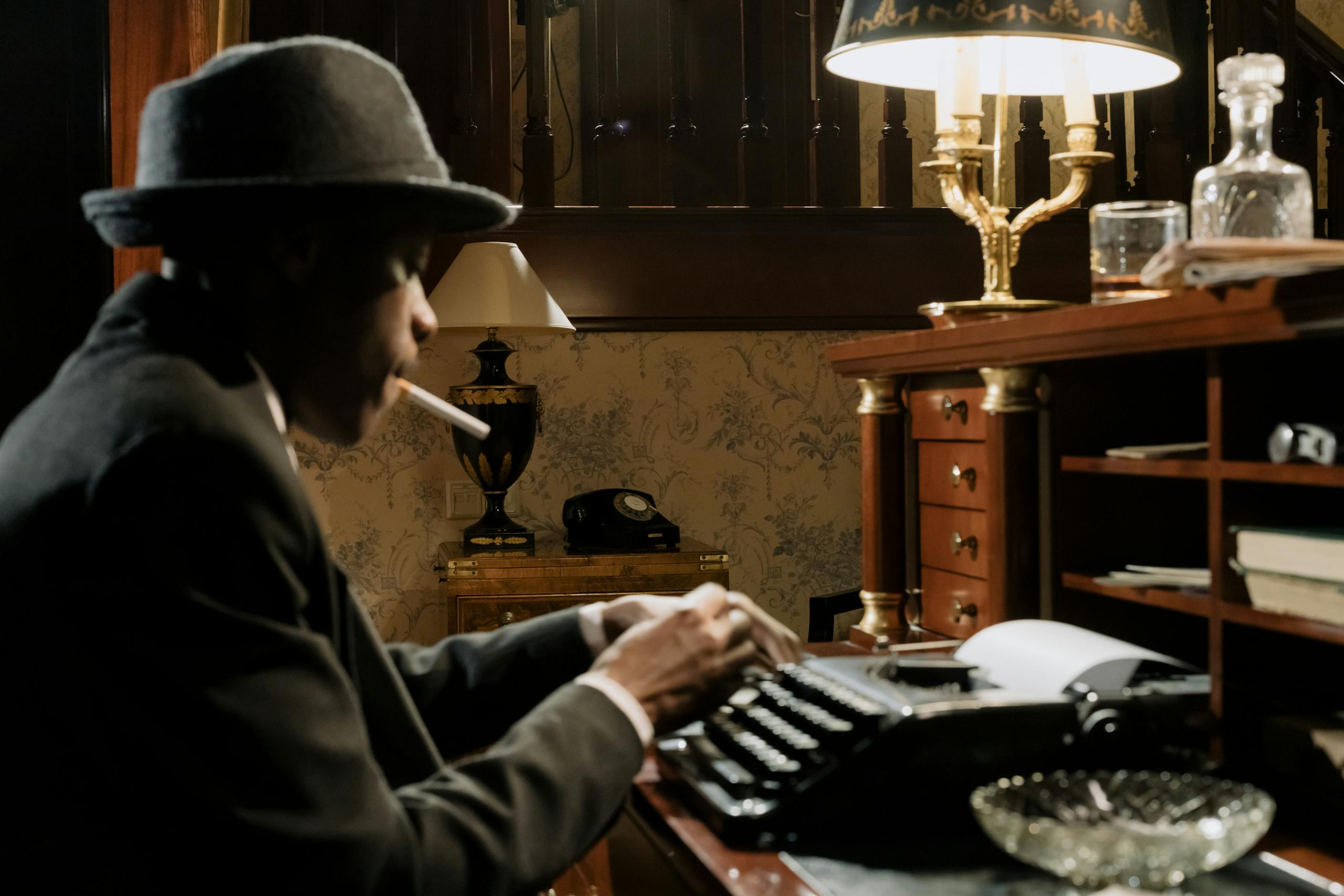 Moody noir scene of a detective typing at a vintage typewriter. Classic 1950s mystery style.
