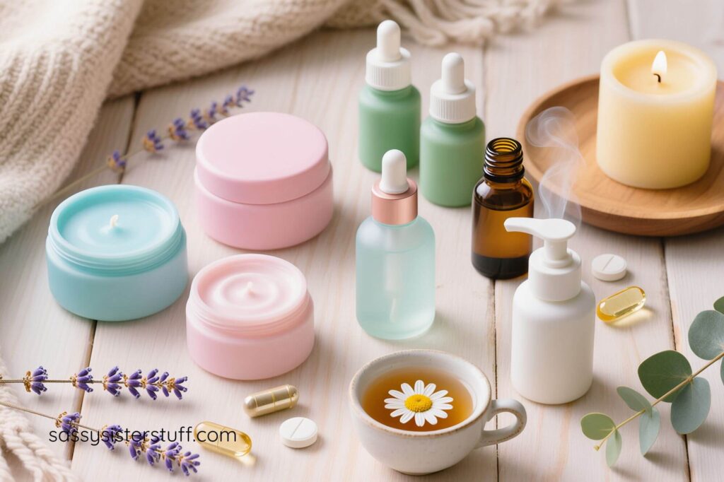 top view of a selection off self care products.