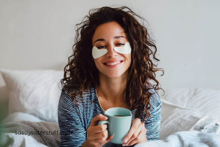 middle aged woman sits in bed with tea and under eye patches on.